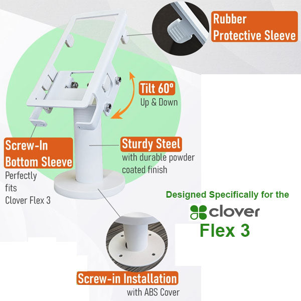 Illustration of PCPOS Systems Clover Flex 3 Free Standing Debit Terminal Mount with tilt function. Made from sturdy steel, it has a powder-coated finish, cable management with rubber sleeve, and ABS-covered screw-in installation.