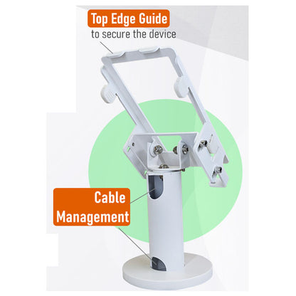 The white Clover Flex 3 Free Standing Debit Terminal Mount by PCPOS Systems is an adjustable tablet holder with labels like Top Edge Guide for securing your device and Cable Management for organizing cables, featuring a round base amidst a green and white backdrop.