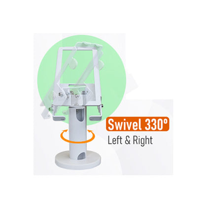 Image of a white swivel stand for the Clover Flex 3 Free Standing Debit Terminal Mount by PCPOS Systems, showing a 330-degree rotation with green circle and orange arrows. The text Swivel 330° Left & Right appears in orange and black on the right.