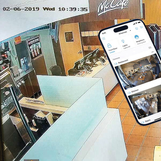 The PCPOS Systems McDonald's Security Camera Remote Viewing Setup – Gateway 4 Network lets you monitor multiple restaurant areas, like counters and kitchens, on your smartphone via secure remote access.