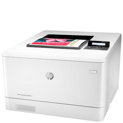 The HP Color LaserJet Pro M454dn by PCPOS Systems is a sleek white laser printer with a digital display and control panel, offering efficient printing on a plain white background. Enjoy duplex printing and top-notch security for peace of mind.