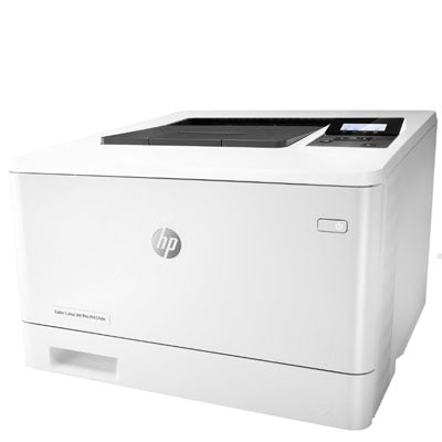 The sleek, white HP Color LaserJet Pro M454dn laser printer from PCPOS Systems features a black control panel on top, duplex printing, and best-in-class security. It has a visible paper output tray and the HP logo prominently displayed on the front for added peace of mind.