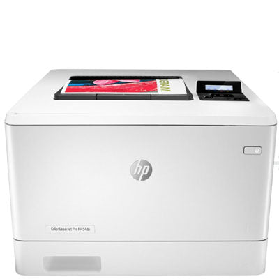 The PCPOS Systems HP Color LaserJet Pro M454dn printer, in white, features a small control panel on the top right. Printed paper emerges from the top, boasting best-in-class security and duplex printing while prominently displaying the HP logo from its front view.