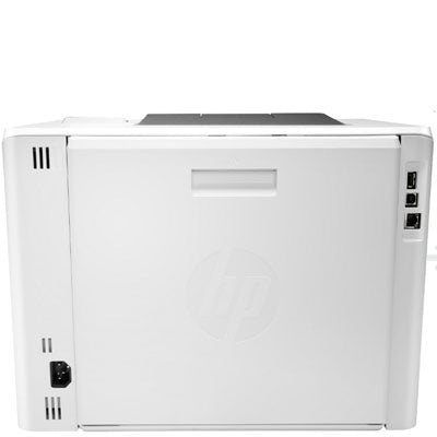 The white HP Color LaserJet Pro M454dn by PCPOS Systems features a sleek rectangular design with auto duplex printing, a top paper output slot, and subtle front HP logo. Best-in-class security and side power socket and ports enhance its appeal.