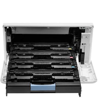 The image shows an open PCPOS Systems HP Color LaserJet Pro M454dn printer, featuring a white exterior with a black interior. The visible toner cartridges are neatly aligned, emphasizing its top-tier security features.