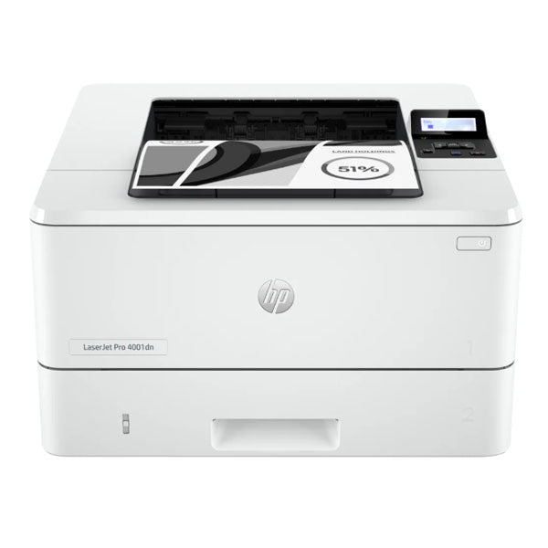 The HP LaserJet Pro 4001dn Monochrome Laser Printer by synnex99 is a high-speed printer in white, featuring an open output tray with a partially printed page. It includes a small display and smart controls via top-right buttons for efficient operation.