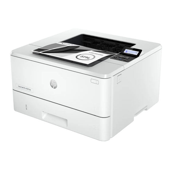 The white HP LaserJet Pro 4001dn Monochrome Laser Printer by synnex99 sits on a simple background, featuring a loaded paper tray and control panel on the upper right corner, highlighting its duplex print technology. The HP logo is prominently displayed on the front.