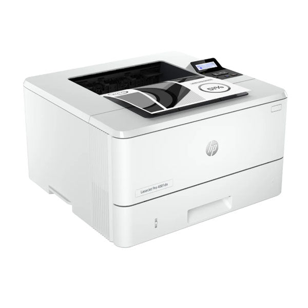 The synnex99 HP LaserJet Pro 4001dn Monochrome Laser Printer, set on a white backdrop, features an open paper tray with a percentage graphic sheet. Its intuitive top-right control panel ensures easy navigation for this high-speed smart printer.