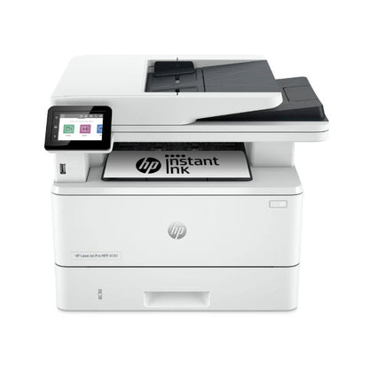 The synnex99 HP LaserJet Pro 4101fdw All-in-One Monochrome Laser Printer, in white, features a touchscreen with icons highlighting its high-speed capabilities. It prints an HP Instant Ink logo paper and provides easy access to a USB port on the front left side.