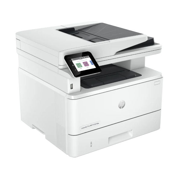 The synnex99 HP LaserJet Pro 4101fdw All-in-One Monochrome Laser Printer features high-speed printing, a front panel with an inclined touchscreen, duplex printing capabilities, and a top document feeder, making it ideal for any office.