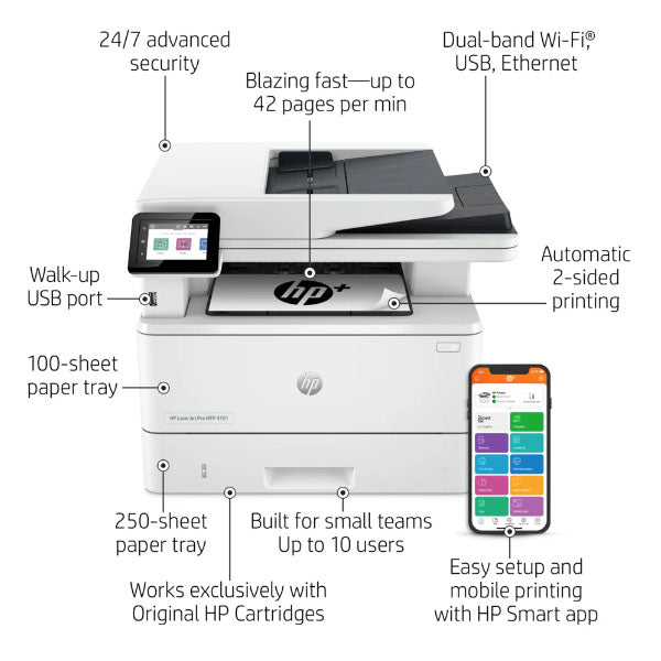 The synnex99 HP LaserJet Pro 4101fdw All-in-One Monochrome Laser Printer offers high speeds up to 42 ppm, advanced security, dual-band Wi-Fi, Ethernet, automatic duplex printing, a USB port, and easy integration with the HP Smart app.