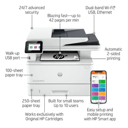 The synnex99 HP LaserJet Pro 4101fdw All-in-One Monochrome Laser Printer offers high speeds up to 42 ppm, advanced security, dual-band Wi-Fi, Ethernet, automatic duplex printing, a USB port, and easy integration with the HP Smart app.