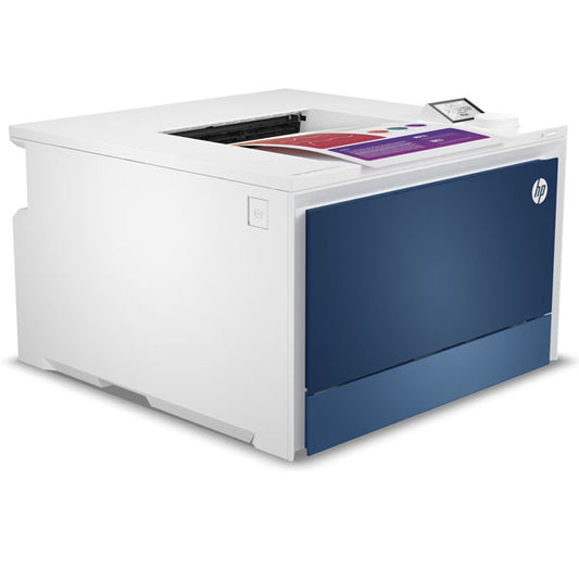 The HP LaserJet Pro 4201dn Colour Printer by PCPOS Systems features a blue front panel and top-mounted touchscreen for high-quality prints. Ideal for small to medium offices, its modern white and blue design fits seamlessly into high-demand environments.