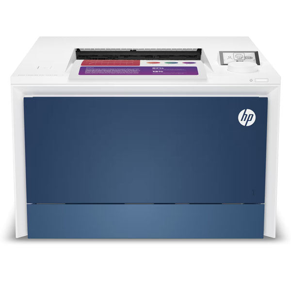 The HP LaserJet Pro 4201dn Colour Printer by PCPOS Systems, in white and blue, is ideal for high-demand environments. It features a front-loading paper tray and a convenient right-side control panel against a plain white background, ensuring efficient, high-quality printing every time.