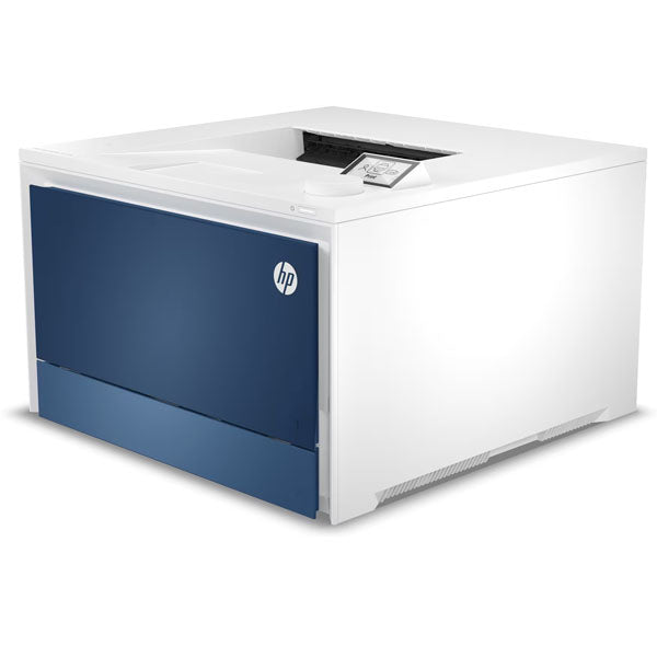 The HP LaserJet Pro 4201dn Colour Printer by PCPOS Systems is a white and blue design featuring a flat top and angled display panel. Ideal for high-demand settings, it offers a minimalist aesthetic and quality printing, perfect for those seeking style and performance.