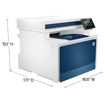 The synnex99 HP 4301dw Multifunction Colour LaserJet Pro Printer, in white and blue, measures 15.1 high, 17.1 deep, and 16.6 wide, and features a convenient touchscreen display on top for easy management tools.