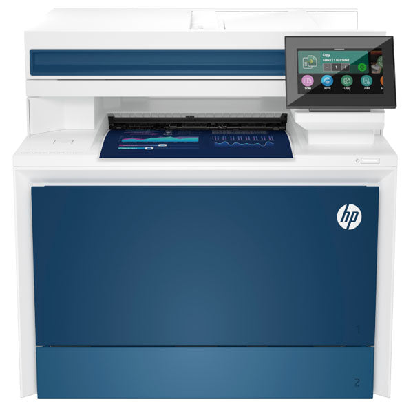 The HP 4301dw Multifunction Colour LaserJet Pro Printer by synnex99, in white and blue, features a touchscreen control panel with easy management tools. Its design includes a bottom paper tray and an output slot above the screen, ensuring seamless functionality for your printing needs.