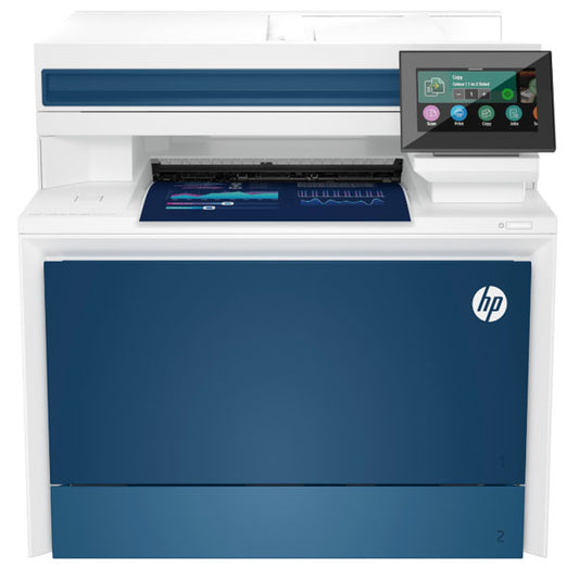 The HP 4301dw Multifunction Colour LaserJet Pro Printer by synnex99, in white and blue, features a touchscreen control panel with easy management tools. Its design includes a bottom paper tray and an output slot above the screen, ensuring seamless functionality for your printing needs.