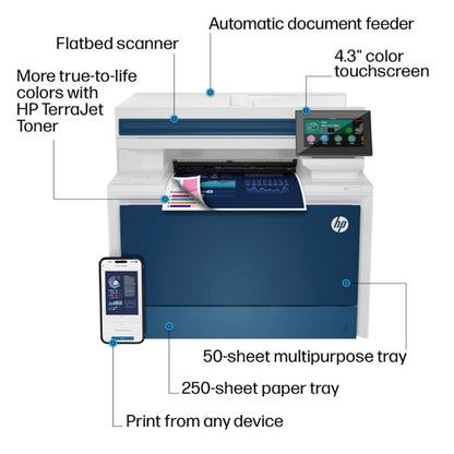 Displayed is the synnex99 HP 4301dw Multifunction Colour LaserJet Pro Printer with features like a flatbed scanner, automatic document feeder, and a 4.3-inch color touchscreen. It offers vivid hues with HP TerraJet Toner and easy management tools for its 50-sheet multipurpose and 250-sheet paper trays.