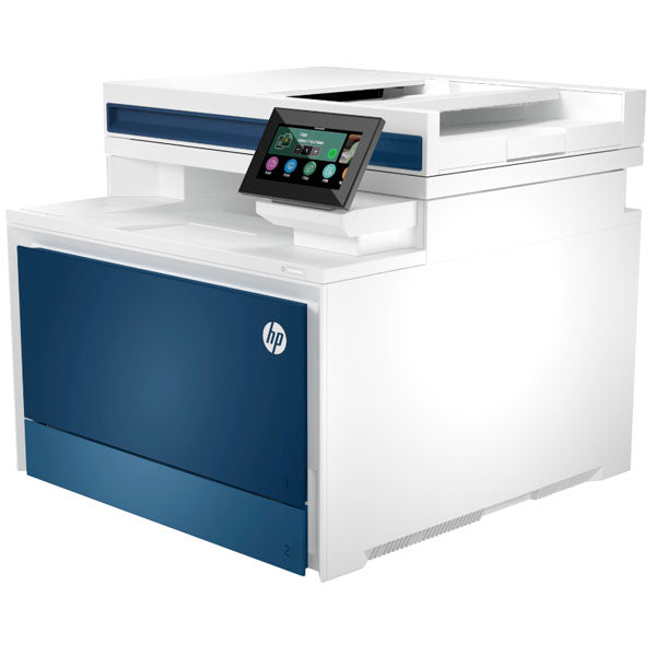 The HP 4301dw Multifunction Colour LaserJet Pro Printer by synnex99 features a white design with a blue panel and touchscreen. It offers seamless functionality, vibrant icons, easy management tools, and the HP logo for an efficient color printing experience.