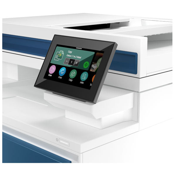 A close-up of the HP 4301dw Multifunction Colour LaserJet Pro Printer from synnex99 shows a modern control panel with options for Scan, Print, Copy, and Adjust. Its sleek design features a white and blue finish with easy management tools for user-friendly operation.