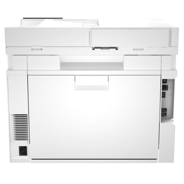 The HP 4301dw by synnex99 is a multifunction color LaserJet Pro printer featuring a rectangular design, top scanner lid, multiple trays, and side ports. It comes in white with vents for efficiency and seamless connectivity management tools against a plain background.