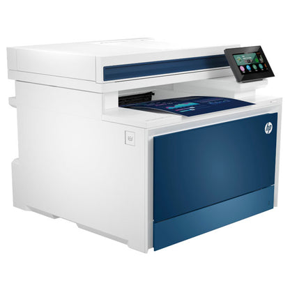 The synnex99 HP 4301dw Multifunction Colour LaserJet Pro Printer, in white and blue with a touchscreen display, has printed paper on its output tray and offers easy management tools for seamless operation.