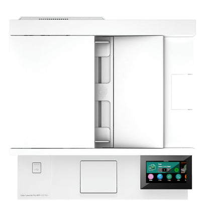 Top-down view of the HP 4301dw Multifunction Colour LaserJet Pro Printer by synnex99, showcasing a modern white design with a touchscreen interface displaying icons. It includes a flatbed scanner and an automatic document feeder on top for easy management and seamless operation.