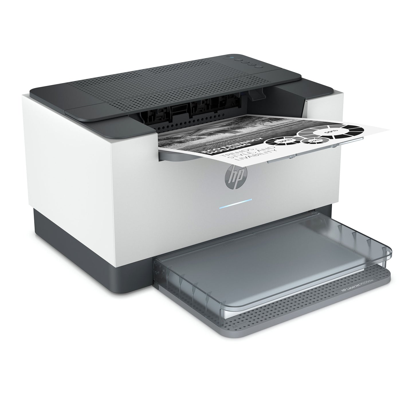 The HP LaserJet M209dw by PCPOS Systems, a compact mono laser printer with visible paper tray, prints labels effortlessly using the HP Smart app for seamless connectivity in a sleek black and white design.