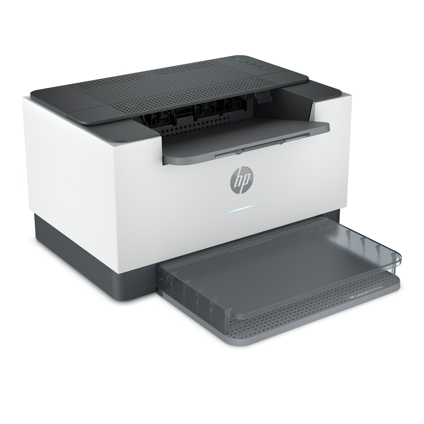 The HP LaserJet M209dw by PCPOS Systems is a sleek, modern monochrome laser printer featuring the fastest two-sided printing. It has a predominantly white design with black accents, an extended front paper tray, and a minimalist control panel on top accessible via the HP Smart app.