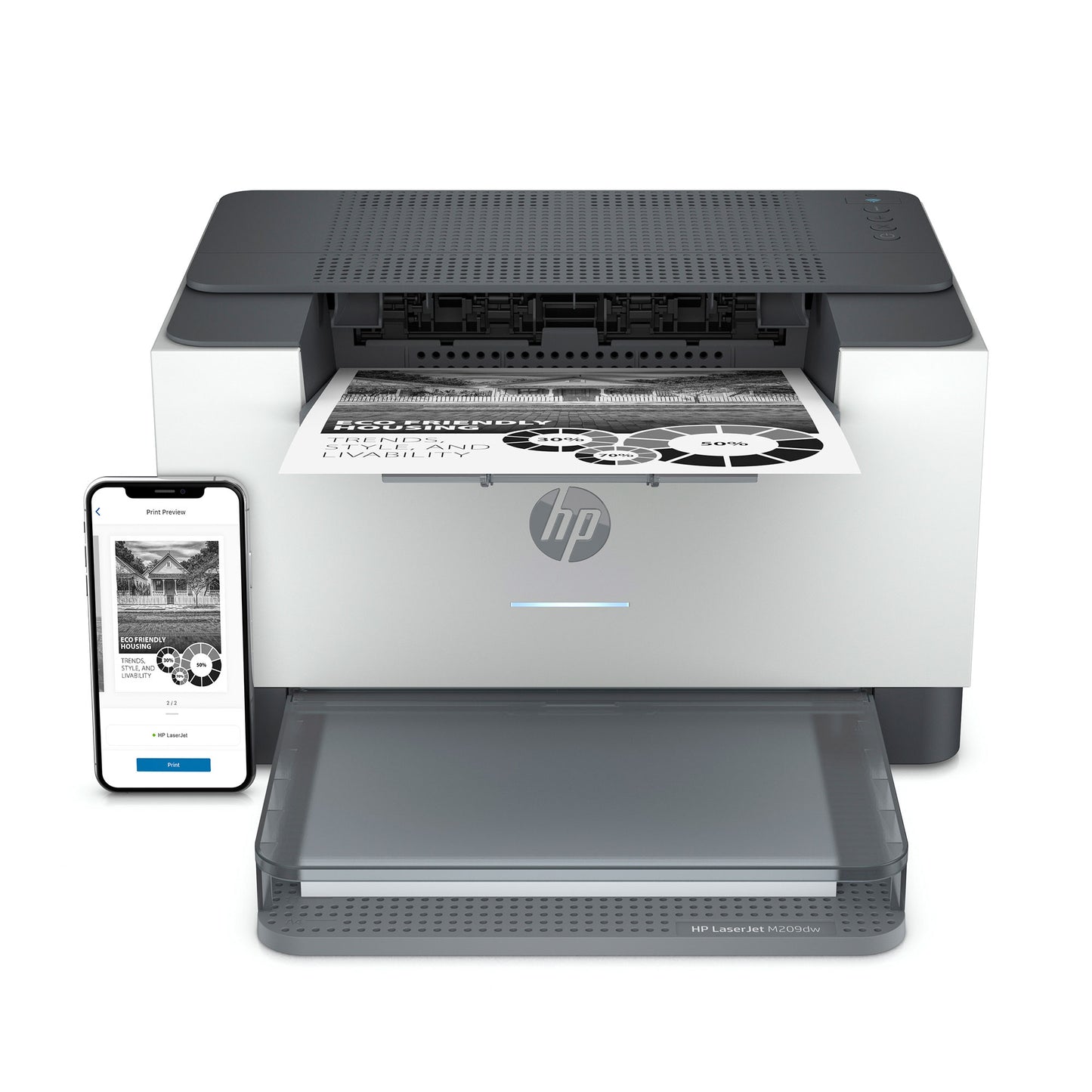 The PCPOS Systems HP LaserJet M209dw printer, sleek and silver, features a graphic-printed page while a smartphone displays the same via the HP Smart app. This compact mono laser printer offers class-leading two-sided printing speed.