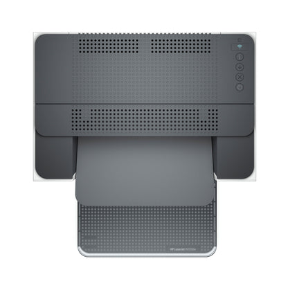 Top view of a gray PCPOS Systems HP LaserJet M209dw printer against a white background. It offers fast two-sided printing, featuring a perforated top cover and extending paper tray. Various control buttons are on the right side and its compatible with the HP Smart app.