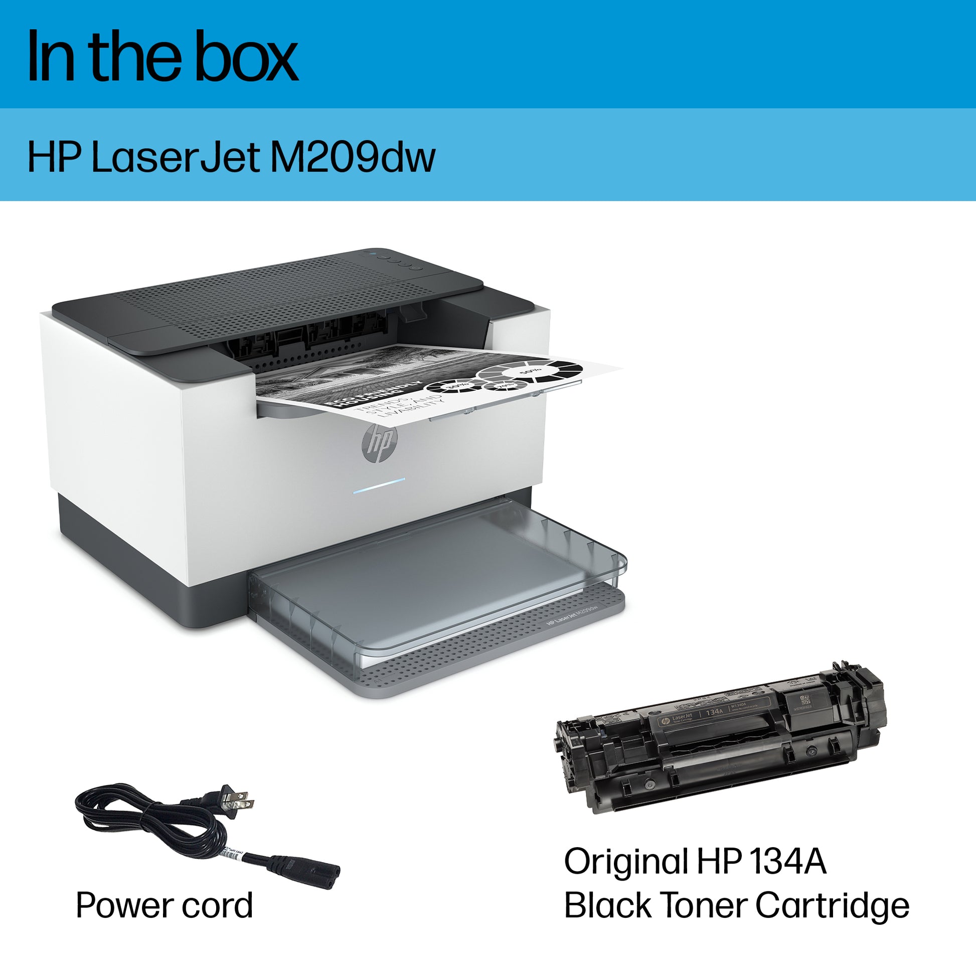 The image displays the compact HP LaserJet M209dw printer from PCPOS Systems with a partially printed sheet, power cord, and an Original HP 134A Black Toner Cartridge, emphasizing its fastest two-sided printing via the HP Smart app.