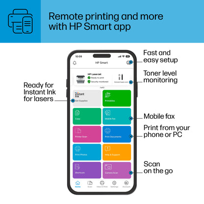 The image displays a smartphone screen with the HP Smart app interface, featuring fast setup, toner monitoring for the HP LaserJet M209dw - Printer by PCPOS Systems, mobile fax, remote printing, and scanning. Text above reads Remote printing and more with HP Smart app. The HP logo is visible.