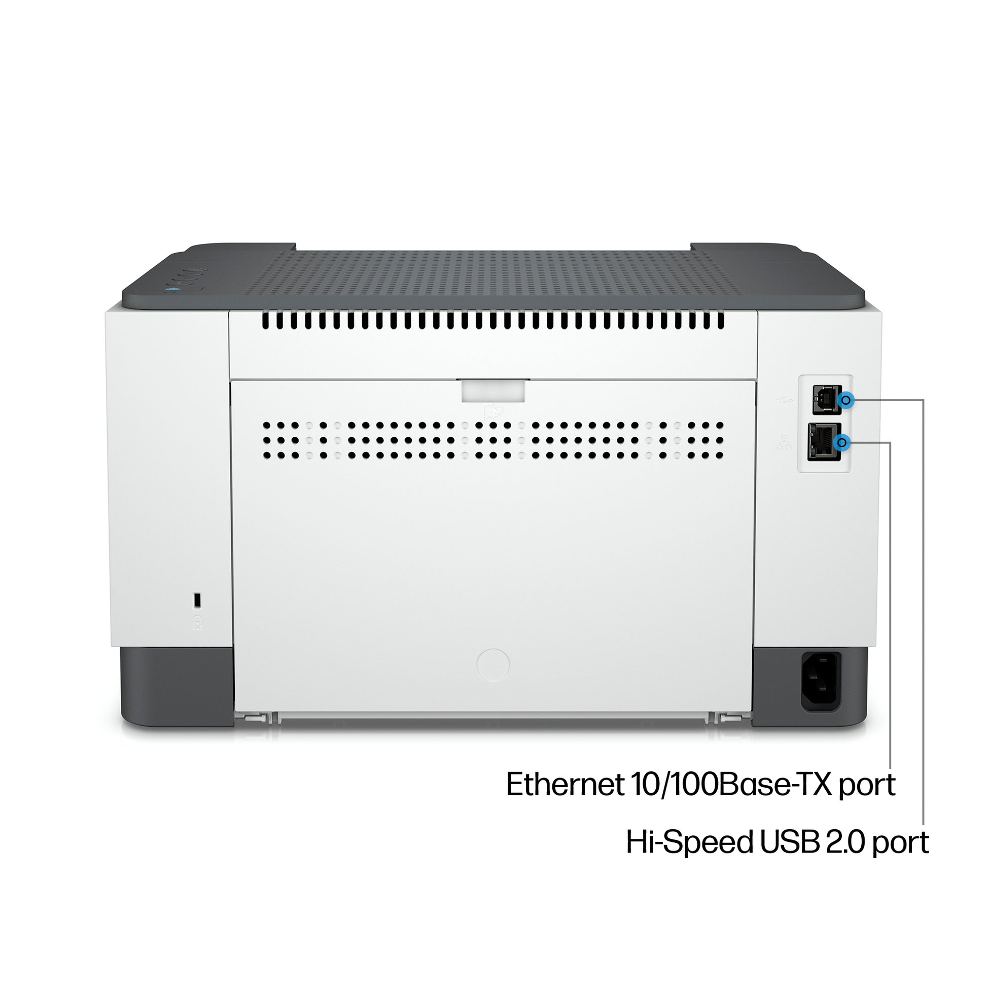 Rear view of the HP LaserJet M209dw by PCPOS Systems, a white and gray mono laser printer, featuring Ethernet 10/100Base-TX and Hi-Speed USB 2.0 ports on the right side, ideal for HP Smart app connectivity and offering class-leading fastest two-sided printing.