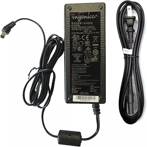 A NEW Repackaged Ingenico PSM32W-080L6 Power Supply (8V 4A, 2.1mm DC Jack) for debit terminals is shown with a coiled cord and separate power cable on a white background; adapter label lists specs and certifications.