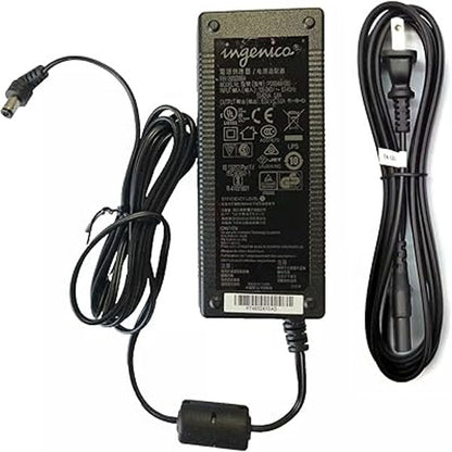 A NEW Repackaged Ingenico PSM32W-080L6 Power Supply (8V 4A, 2.1mm DC Jack) for debit terminals is shown with a coiled cord and separate power cable on a white background; adapter label lists specs and certifications.