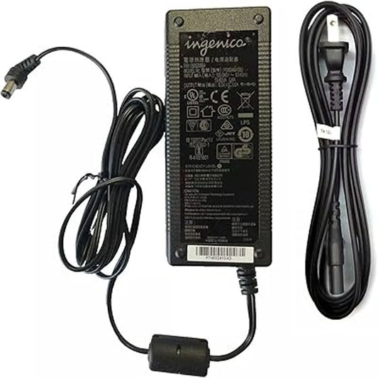 The PCPOS Systems Ingenico PSM32W-080L6 is an 8V 4A debit terminal power supply with certification symbols, matching coiled power cord, and a 2.1mm DC jack for easy connection—perfect for your Ingenico terminal.