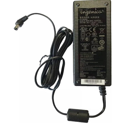 A NEW Repackaged Ingenico PSM32W-080L6 Power Supply (8V 4A) debit terminal AC adapter with a coiled cable and 2.1mm DC jack, featuring white technical specs and certification labels on its black surface.