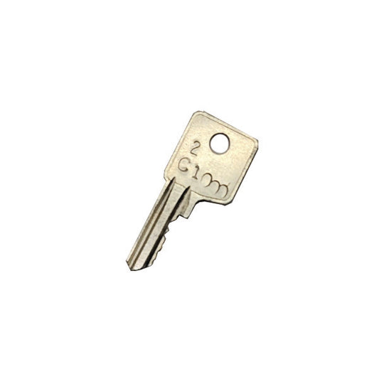 A PCPOS Systems Kiosk Key, silver metal with a square head and "2 C10m" engraved, displayed on a plain white background.