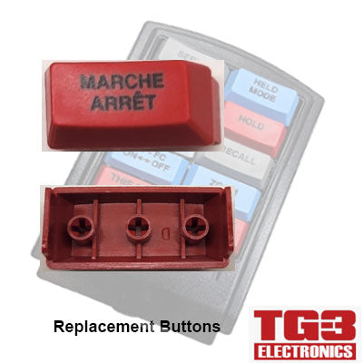 The gray panel displays red replacement buttons labeled MARCHE and ARRÊT, with text reading Replacement Bump Bar Buttons alongside the TG3 Electronics logo. These TG3 Bump Bar Key Caps (FRENCH) by PCPOS Systems A2 are ideal for Drive-Thru Kitchen Video Systems.