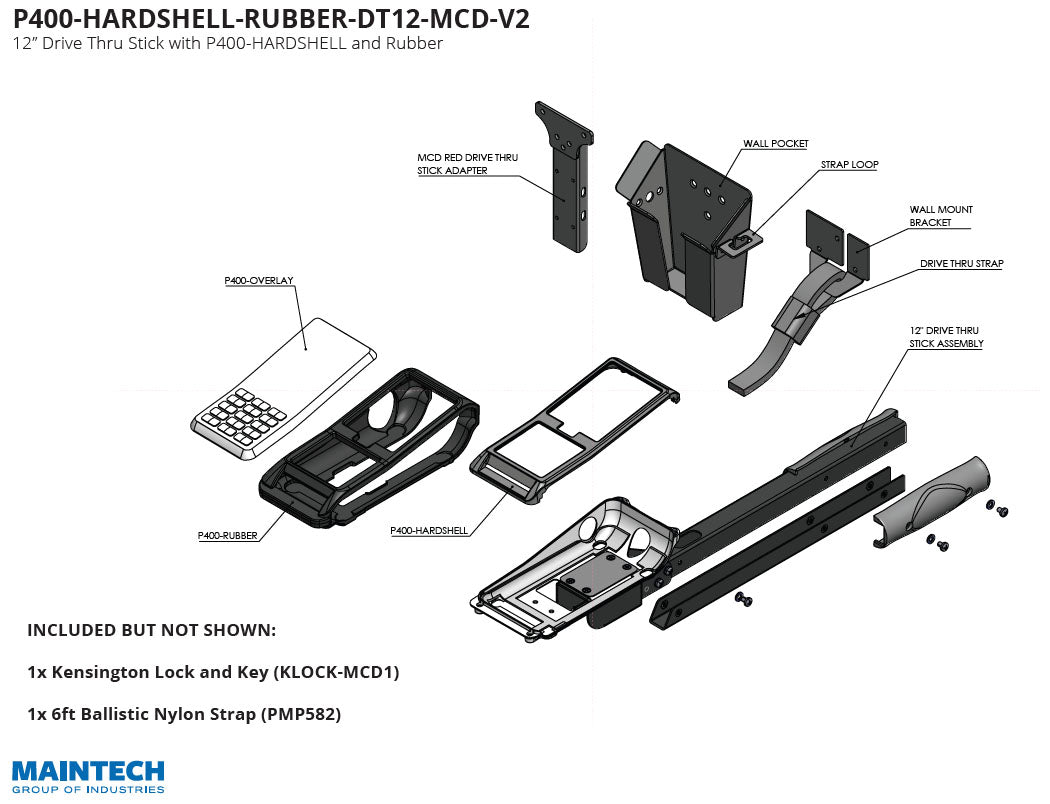 Exploded view of the MainTech - Drive Thru Debit Terminal Mounting Stick for the Verifone P400 shows components like a wall mount bracket, strap, and pocket. Excludes a Kensington lock and 6ft ballistic nylon strap. Logo: MainTech99. Perfect for debit terminal mounting solutions.