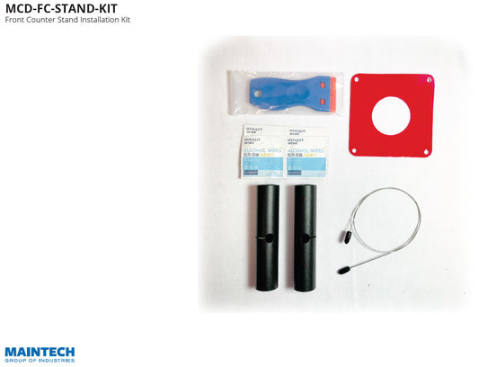 The MainTech99 Verifone P400 Front Counter Debit Terminal Stand Installation Kit includes two black cylindrical parts, a metal cable, a blue tool, a red rectangular plate, and two alcohol wipes to efficiently set up your terminal.