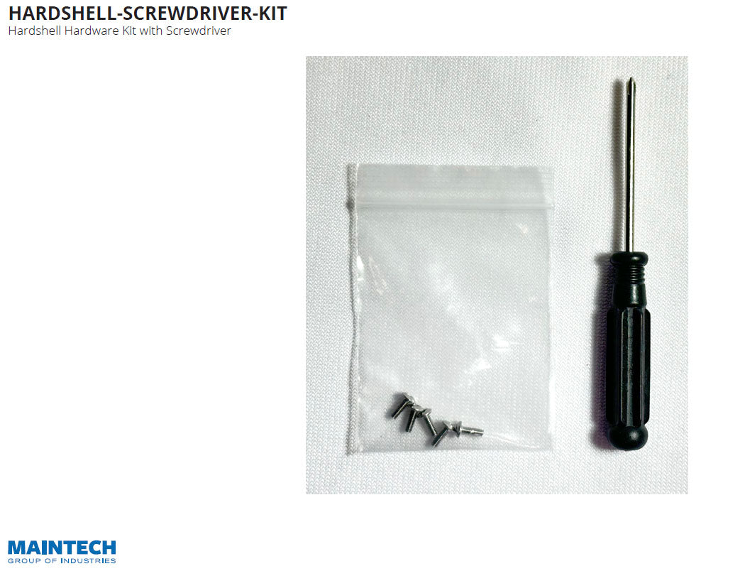 Image of a MainTech99 Hardshell Hardware Kit featuring the P400-HARDSHELL-RUBBER-OVERLAY screwdriver with a sleek black handle and a small transparent bag of screws. Text HARDSHELL-SCREWDRIVER-KIT is at the top and the MainTech logo is in the bottom left corner.