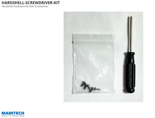 Image of a MainTech99 Hardshell Hardware Kit featuring the P400-HARDSHELL-RUBBER-OVERLAY screwdriver with a sleek black handle and a small transparent bag of screws. Text HARDSHELL-SCREWDRIVER-KIT is at the top and the MainTech logo is in the bottom left corner.