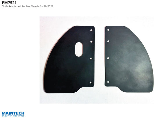 Two black, irregularly shaped rubber shields with edge holes are on a white background. Text: MainTech - Cloth Reinforced Rubber Shields for PM7522 Self Service Kiosk Debit Terminal Mount Verifone P400, with the MainTech99 logo at the bottom left.