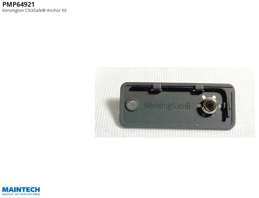 Close-up of a MainTech99 - Kensington Lock ClickSafe® Anchor Kit for the Verifone P400 Mounting Bracket, highlighting its rectangular design and circular metal component to the right, with the Kensington Lock logo on a plain white background emphasizing its sleek look.