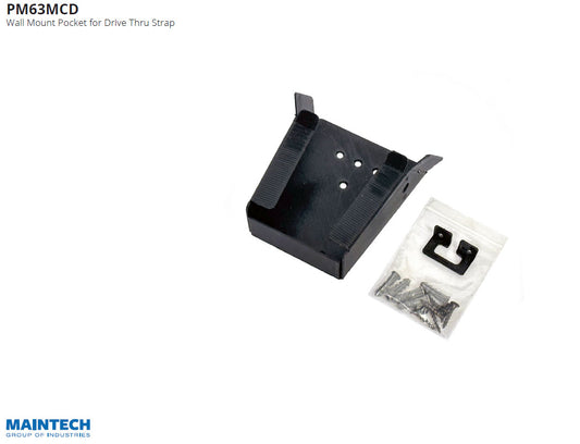 A sleek black MainTech99 wall mount pocket for the Verifone P400 drive-thru strap is shown, complete with screws and hardware. The image reads MainTech - Wall Mount Pocket for Drive Thru Strap by Maintech Group of Industries.