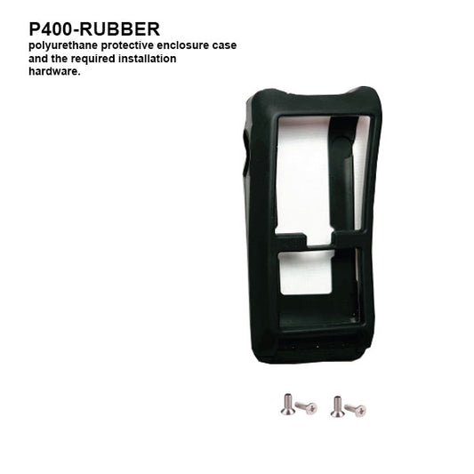 Image of a Verifone P400-RUBBER protective enclosure case by PCPOS Systems, made from black polyurethane, along with the necessary installation hardware, including two small silver screws.