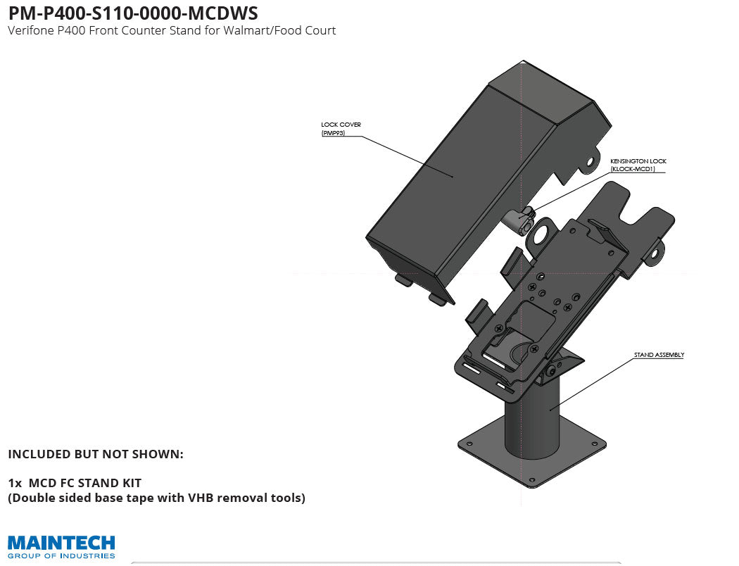 Illustration of the MainTech - Verifone P400 Front Counter Debit Terminal Stand by MainTech99 for Walmarts food court, featuring labeled sections like keylock release knob and stand assembly. Mentions included items not shown, such as the MCD FC stand kit.